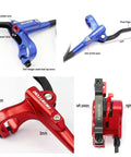 Heavy Duty Hydraulic Disc Brake Set Front And Rear With Two Piston Aluminum Calipers Long Brake Lines For Mountain Road Bicycles Sick Stopping Power Dope Red Finish showing components with measurements and features.