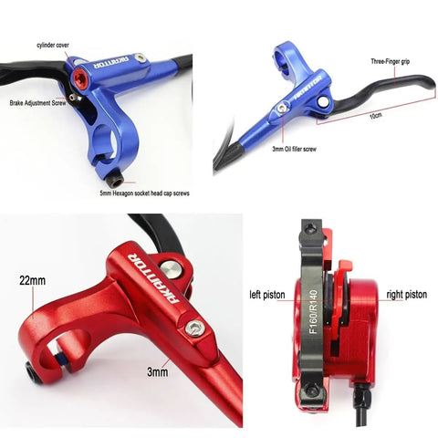Heavy Duty Hydraulic Disc Brake Set Front And Rear With Two Piston Aluminum Calipers Long Brake Lines For Mountain Road Bicycles Sick Stopping Power Dope Red Finish showing components with measurements and features.