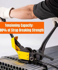 Heavy Duty Sealless Steel Strapping Tool Manual 3In1 Tensioner Crimper Cutter, securing metal bands on steel pipes.
