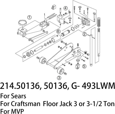 Exploded diagram of Floor Jack Seal Replacement Kit Fits 3 Ton And 3-1/2 Ton Pro Grade Heavy Duty Hydraulic Floor Jacks Replaces 214.50136 50136 G-493LWM Complete Seal Set For Full Hydraulic Unit Overhaul And Quick Lifting Mechanism Repairs.
