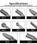 8pcs carbide burr set with 1/4 in shank; double-cut solid carbide rotary burrs for metal/wood engraving, polishing.