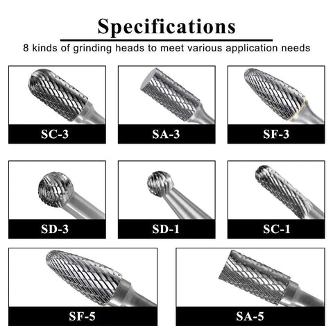 8pcs carbide burr set with 1/4 in shank; double-cut solid carbide rotary burrs for metal/wood engraving, polishing.