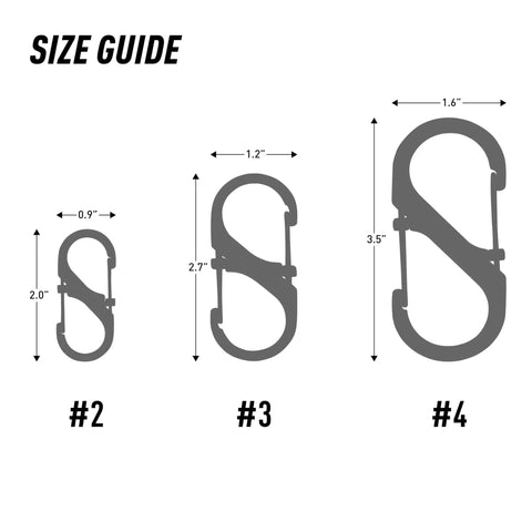 Size guide for Dual S Biner Slide Lock Carabiner With Black Stainless Steel Finish showing dimensions of three different sizes.