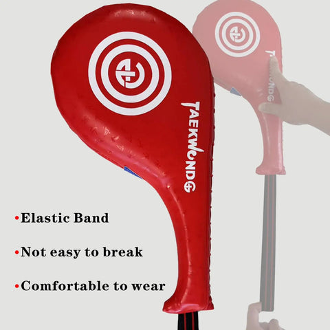 Red taekwondo kick pad for sparring shown with elastic band, ideal for training durability and comfort