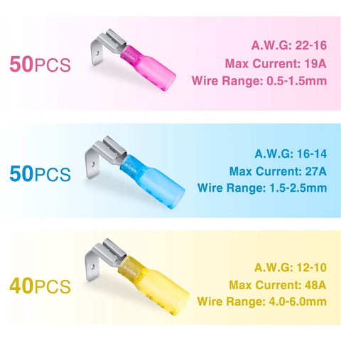 Heat Shrink Piggy Back Spade Terminals Assortment Kit For Auto Cars Trucks Boats 22-16 16-14 12-10 AWG 140 Piece Set