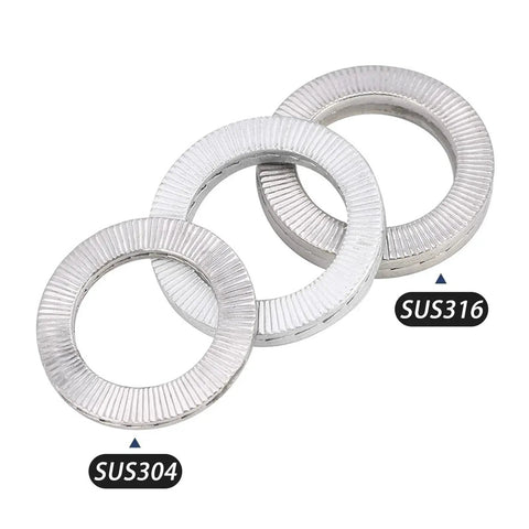 Double Deck Wedge Lock Washers Pack Of Twenty 304 Stainless Steel Self Locking Hardware Heavy Duty Vibration Proof Fasteners For Nuts And Bolts M6 Through M12 Built Tough Dead Tight No Slip three steel washers showing different finishes