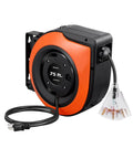 Retractable 75 Ft Heavy Duty Extension Cord Reel With 14/3C SJTOW Cable Built Tough For Garage Or Workshop Lighted Triple Tap Outlets 10 Amp Circuit Breaker Wall Or Ceiling Mount Automatic Rewind UL Listed shown with visible outlets and mounting bracket