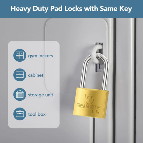 DELSWIN brass weatherproof padlock with key on gray door hasp; 1-9/16 in shackle (front view)