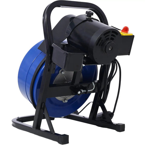 Heavy Duty Electric Drain Auger Kit With 60 Foot Snake Cable And Foot Switch mounted on a black metal stand.