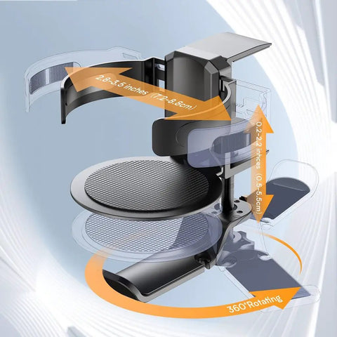 Diagram of 2 In 1 Desk Cup Holder And Headphone Hook, 360 Degree Rotating Aluminum Alloy Bracket showing dimensions and rotation