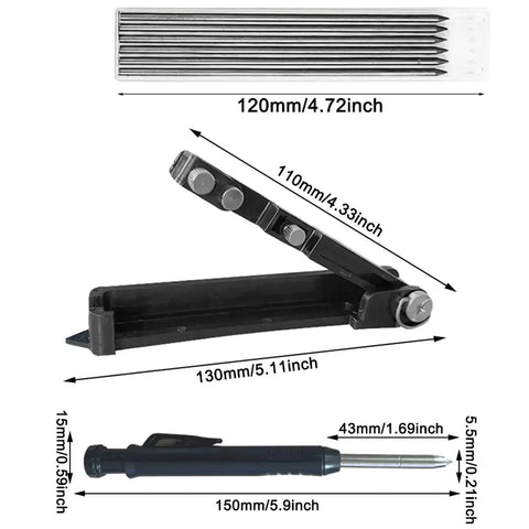 Heavy Duty Aluminum Scribing Tool With Upgraded Lock Mechanism For Precise Layout Marking Deep Hole Pen And Versatile Measuring Scriber laid flat with measurements.