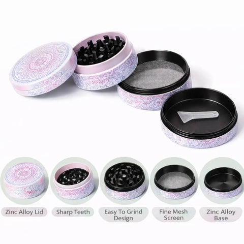 Manual Spice Grinder With No Fuss Quiet Grind, Calm Precision Die Cast Zinc Alloy, Mandala Style, pink and blue gradient
