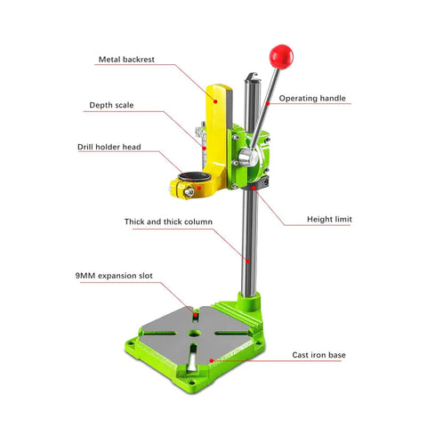 Beefy Drill Press Stand For Home Workshop with labeled parts including clamp, rotating base, and column on cast iron base.