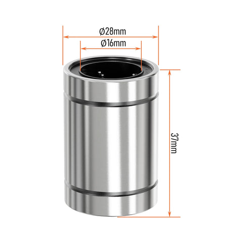 LM16UU linear ball bearing with 16mm bore, 28mm outer diameter, 37mm length, double-sided rubber seal