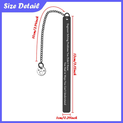 Engineer Gift Bookmark For Engineers And Tech Pros Perfect Graduation Gift For Mechanical Civil Electrical Software Engineers Architects And Construction Pros Funny Quote Bookmark For Engineering Students showing size details with chain and gear charm.