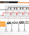 Wiring diagram for Four Gang Rocker Switch Panel With DIY Label Stickers And Pre Wired Jumpers SPST On Off 12V 20A And 24V 10A Aluminum Plate Red Ideal For LED Light Bars RV Boats And 4x4 Vehicles