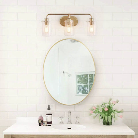 Soft Gold Three Light Vanity Fixture With Seeded Glass Shades For Bathroom Over Mirror Modern Gold Bath Lighting Upgrade