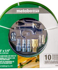 Heavy Duty 10 Piece Air Compressor Accessory Kit With 50 Foot Polyurethane Hose And 1/4 Inch Spiral Reinforced Tube Built Like A Tank For Garage Work No Mess Setup, featuring various fittings and inflator tips.