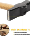 Close-up of forge hammer with slant chamfered head, part of Heavy Duty Beefy Blacksmith Tools Set For Knife Making With V Bit Blade Tongs Set And Forge Hammer Four Piece Vise Tools And Anvil Hammer For Bladesmiths And Metalworking