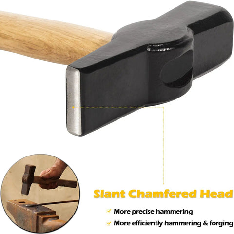 Close-up of forge hammer with slant chamfered head, part of Heavy Duty Beefy Blacksmith Tools Set For Knife Making With V Bit Blade Tongs Set And Forge Hammer Four Piece Vise Tools And Anvil Hammer For Bladesmiths And Metalworking