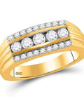 Slick Stylish Men's Wedding Band Ring Crafted From Premium Solid 14K Yellow Gold With Machine Set Round Diamonds For A Straight Up Timeless Bridal Statement Piece 1.00 CTTW, featuring three round diamonds.
