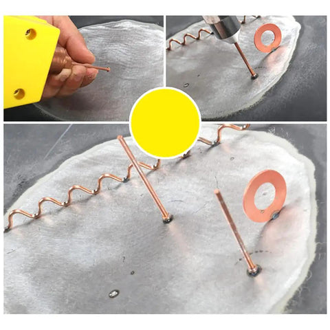 Body Repair Spot Weld Kit With Dent Puller, 800VA Spot Welder, Stud Gun Set, showing studs and coil on metal surface