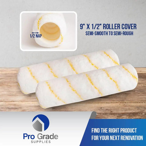 No-Shed Microfiber Paint Roller Covers Half Inch Nap, 9 Inch Length, 5 Pack displayed with nap detail