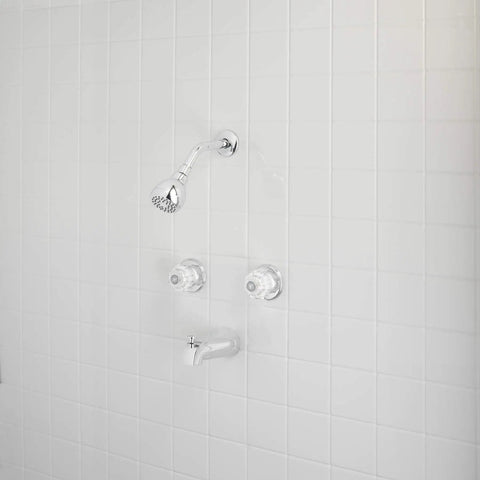 Polished Chrome Acrylic Tub And Shower Faucet Trim Kit With Two Handles For An Easy Bath Upgrade against white tile wall