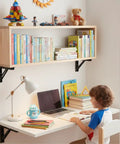 Heavy Duty Folding Shelf Brackets 12 Inch 2 Pack Wall Mounted Drop Down Table For Home Or Workspace Space Saving Counter Supports 400 Pounds Black With Rock Solid Hinge used in children's study area.