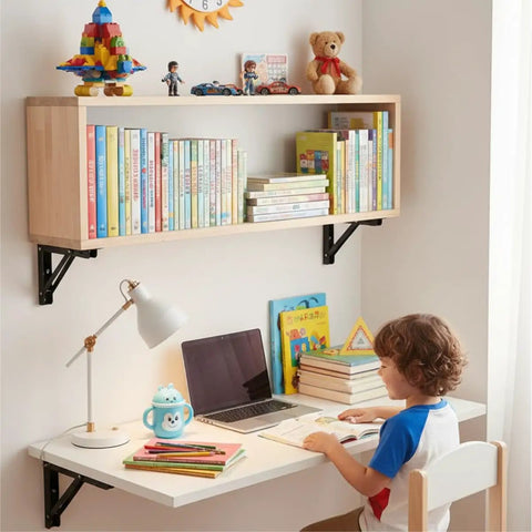 Heavy Duty Folding Shelf Brackets 12 Inch 2 Pack Wall Mounted Drop Down Table For Home Or Workspace Space Saving Counter Supports 400 Pounds Black With Rock Solid Hinge used in children's study area.