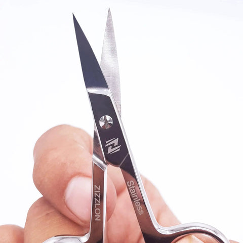 Curved Micro Serrated Eyebrow Scissors Made From Surgical Grade Stainless Steel, close-up of blades.