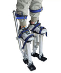 Adjustable Drywall Stilts 15 To 23 Inch Aluminum Tool Stilt For Painting And Cleaning, Lightweight Silver in use with secure straps.