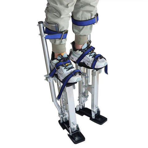 Adjustable Drywall Stilts 15 To 23 Inch Aluminum Tool Stilt For Painting And Cleaning, Lightweight Silver in use with secure straps.