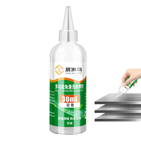 Pro Grade Aluminum Soldering Flux Liquid for Quick Dry Welds bottle next to galvanized sheet metal with easy application.