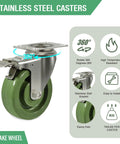Stainless steel caster with green wheel, 360° swivel, brake lever, top mounting plate