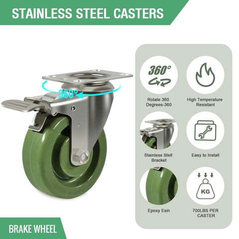 Stainless steel caster with green wheel, 360° swivel, brake lever, top mounting plate