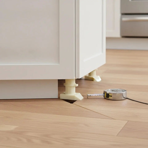 Durable PP Plastic Adjustable Cabinet Leveling Foot 4 Inch Furniture Leg under kitchen cabinet on wooden floor with measuring tape