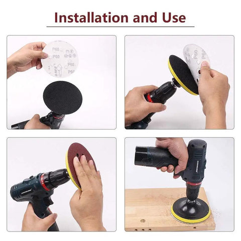 Installation and use of 80 Pack 5 Inch Sanding Discs Kit with Pro Grade 8 Hole Sander on drill for wood and metal projects.