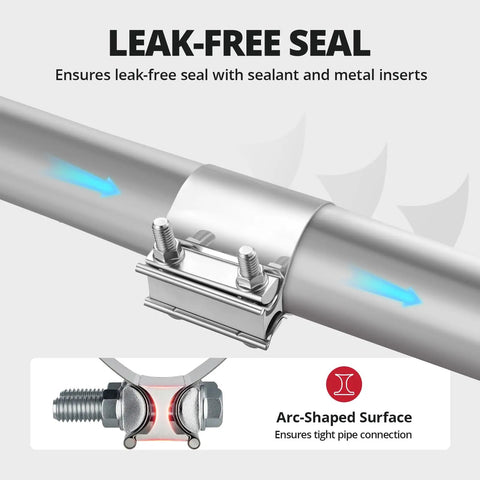 3 Inch Exhaust Clamp Butt Joint Band Sleeve Connector Stainless Steel For Pipes Mufflers Catalytic Converters And Exhaust System Components 2 Pack Perfect Fit For Easy Installation Durable Corrosion Resistant shown with leak-free seal design.