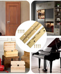 Four Pack 12 Inch Gold Stainless Steel Piano Hinges Built Like A Tank And Hella Sturdy Heavy Duty Continuous Strips on display with cabinet door and wooden boxes.