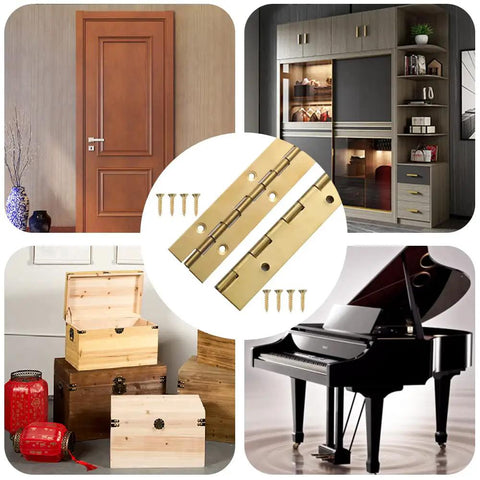 Four Pack 12 Inch Gold Stainless Steel Piano Hinges Built Like A Tank And Hella Sturdy Heavy Duty Continuous Strips on display with cabinet door and wooden boxes.