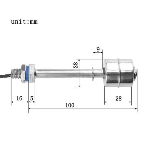 4 Inch Stainless Steel Tank Water Level Float Switch 110 Volt Sensor With 12 Inch Wire Lead Built Tough For Home And Jobsite Fast Accurate Level Readings Easy To Install, side view with mm dimensions