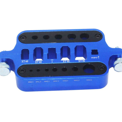 Heavy Duty Hella Durable Aluminum Soldering Station Plate With Secure Multi Size Pockets For Xt60 Xt90 T Plug Banana Connectors Heat Resist Number One Rc Tool Jig Blue, 60x110x15mm blue aluminum jig with multiple connector slots.
