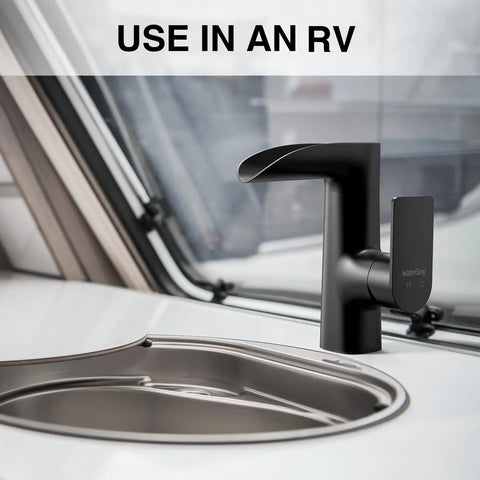 Matte Black Bathroom Faucet With Modern Waterfall Spout, 360 Degree Swivel, Single Hole Deck Mount, ABS Construction in RV