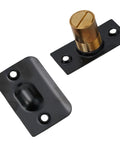 Solid Brass Roller Ball Door Catch Kit With Stainless Steel Roller, Adjustable Spring Latch, Black Finish, Two Parts Visible