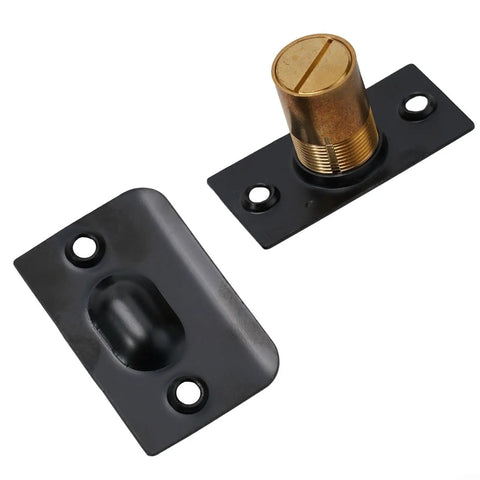 Solid Brass Roller Ball Door Catch Kit With Stainless Steel Roller, Adjustable Spring Latch, Black Finish, Two Parts Visible