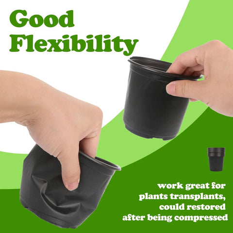 Person demonstrating flexibility of 4-inch plastic nursery pots with hands, showing durability and good for seed starting and transplanting.