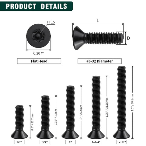 Details of 6 32 X 3 4 Inch Black Flat Head Security Torx Screws 304 Stainless Steel 100 Pack With Matched S2 Bit.