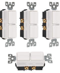 Two In One Duplex Rocker Combination Switch 4 Pack 15A 120V Decorator Double Light Switch Space Saving Stack Switch For Fan And Light Control UL Listed White Finish, showing four switches with white finish and brass screws.