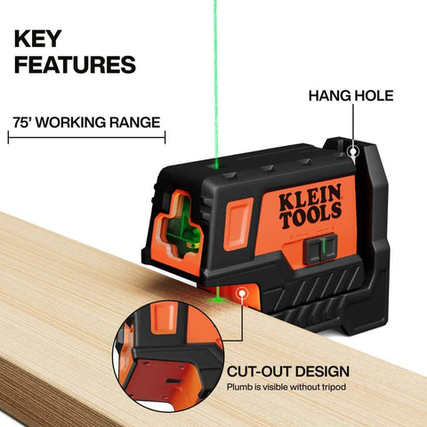 Compact Self Leveling Laser Level With Plumb Spot, Bright Green Cross Lines, 75 Foot Range, Class 2 Laser on wooden surface